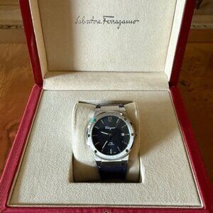Ferragamo Men's F-80 Watch Classic Blue Leather Strap Blue Dial 42mm & Watch Box